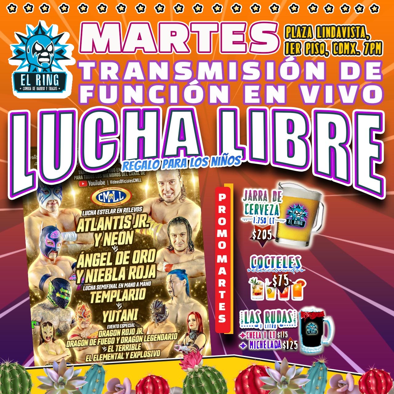 Disfruta los Martes de Función en El Ring Restaurante Bar con transmisiones en vivo del CMLL, comida deliciosa, bebidas y el mejor ambiente de lucha libre en CDMX.