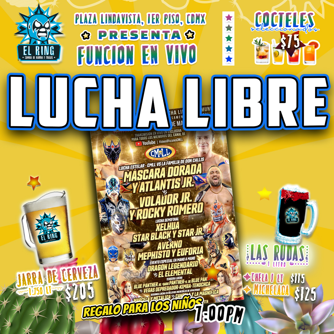 Martes de lucha libre en El Ring Restaurante, disfruta la transmisión de las mejores luchas mientras comes hamburguesas, snacks y bebidas en un ambiente divertido. Comparte con amigos, juega juegos de mesa y vive una experiencia temática de lucha libre en Plaza Lindavista, Ciudad de México.